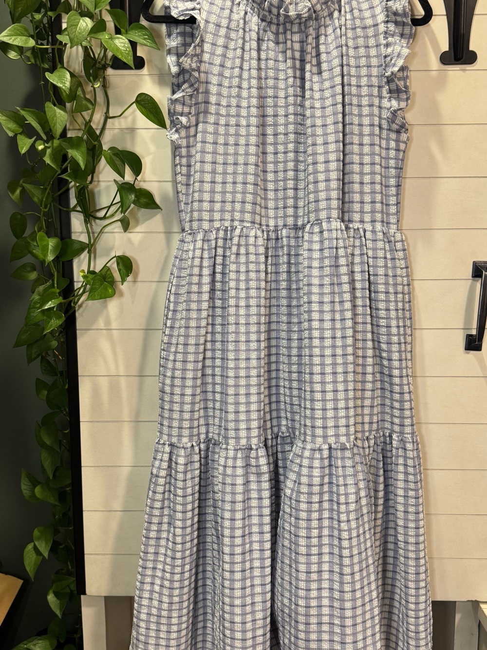 Light Blue Gingham Ruffle Maxi Dress